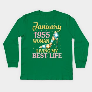 Happy Birthday 66 Years To Me Nana Mommy Aunt Sister Wife January 1955 Woman Living My Best Life Kids Long Sleeve T-Shirt